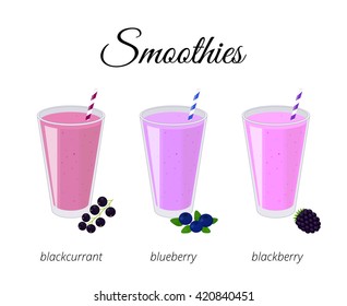 Cartoon smoothies in glass with straw isolated on white background. Blackcurrant, blueberry, blackberry flavor.