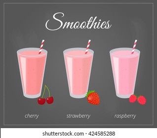 Cartoon smoothies in glass with straw isolated on chalkboard background. Cherry, strawberry, raspberry flavor.