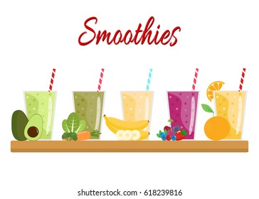 Cartoon Smoothies. Orange, Berry, Banana, Green And Avocado Smoothie. Organic Fruit Shake Smoothie. Flat Design. Vector Illustration.