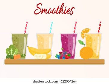 Cartoon smoothies. Orange, berry, banana, green  smoothie. Organic fruit shake smoothie. Flat design. Vector illustration.