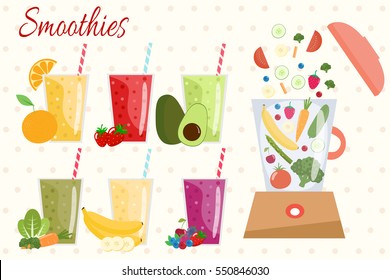 Cartoon Smoothies. Orange, Strawberry, Berry, Banana And Avocado Smoothie. Organic Fruit Shake Smoothie. Food Processor, Mixer, Blender With Fruits, Vegetables And Berries. 