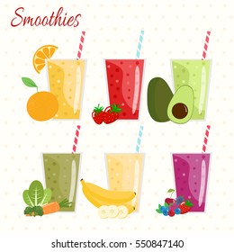 Cartoon smoothies. Orange, strawberry, berry, banana and avocado smoothie. Organic fruit shake smoothie. Flat design. Vector illustration.