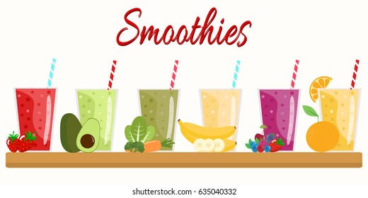 Cartoon smoothies. Orange, strawberry, berry, banana and avocado smoothie. Organic fruit shake. Flat design. Vector illustration.