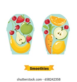Cartoon smoothies. Orange, strawberry, berry, banana, apple, carrot, strawberry,cherry, lemon smoothie. Organic fruit shake smoothie.