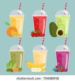 Cartoon smoothies. Orange, strawberry, berry, banana, green and avocado smoothies.