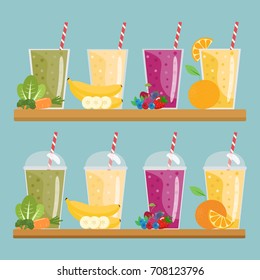 Cartoon smoothies. Orange, strawberry, berry, banana and avocado
