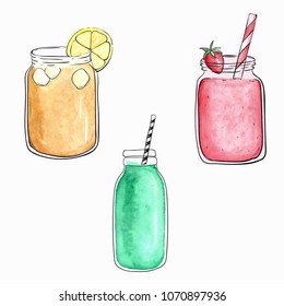 Cartoon smoothies. Red, orange and green smoothie. Watercolor
