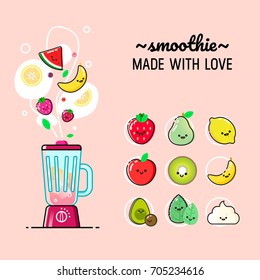 Cartoon smoothies set. Blender with fruits, vegetables and berries ingredients. Flat design vector illustration.