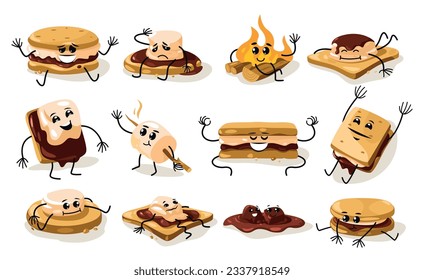 Cartoon smore characters. Cute toasted marshmallow faces with sweet smiles, funny children mascots with roasted sweet snack. Vector isolated set of character marshmallow cartoon illustration