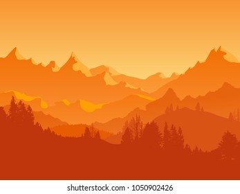 Cartoon SMountains and Forest Sunshine Silhouette Landscape Background Flat Design Nature Scene Adventure Travel. Vector illustration