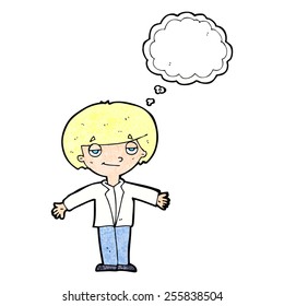 niño con peto de dibujos animados con burbuja de pensamientos