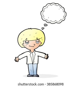 cartoon smug boy with thought bubble