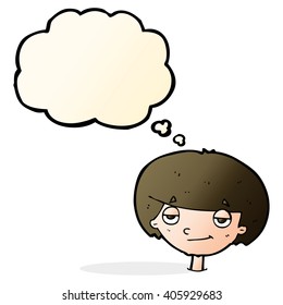 cartoon smug looking boy with thought bubble