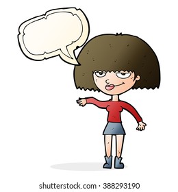 cartoon smug woman making dismissive gesture with speech bubble