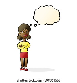 cartoon smug woman with thought bubble