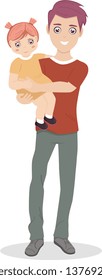 Cartoon smyling father holds on handles his little daughter. Vector flat illustration about happy family.