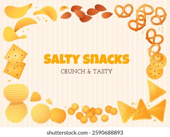 Cartoon snacks frame. Dry crunchy food, salty crackers, chips and nachos, unhealthy fast beer appetizers, crispy meal, banner design, packaging label, emblem design, vector isolated concept