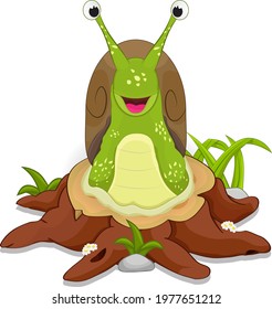 cartoon snail above dead tree and smiling