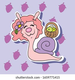 Cartoon Schnecke mit Korb und Äpfeln.Vektorillustration Design für Banner und Postkarten.Sticker . Tiere