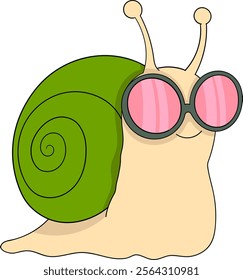 A cartoon snail with a bright green shell and oversized pink sunglasses, radiating charm and a playful vibe.