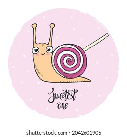 Cartoon snail with candy lollipop as shell. Baby vector illustration