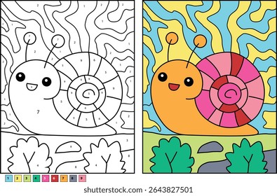 Cartoon caracol cor por número página de atividade educacional com arte de linha de contorno preto e correspondente exemplo colorido, perfeito para crianças e crianças para aprender cores e números enquanto se divertem.