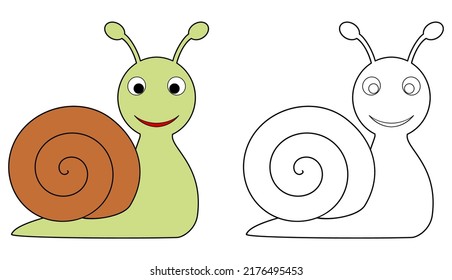 Cartoon snail colorful and black and white. Coloring book page for children. Colored and outline vector snail illustration isolated on white. Game for kids.