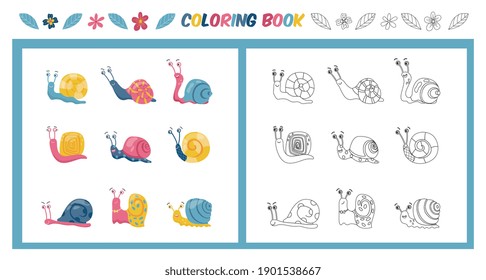 Cartoon snail coloring book page with colored and outline countour versions. Before and after example set of cute smiling animals, isolated vector illustration for children