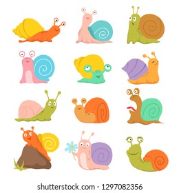 Cartoon Snail. Cute Slug, Mollusk With Shell And Escargot. Funny Animals Vector Characters