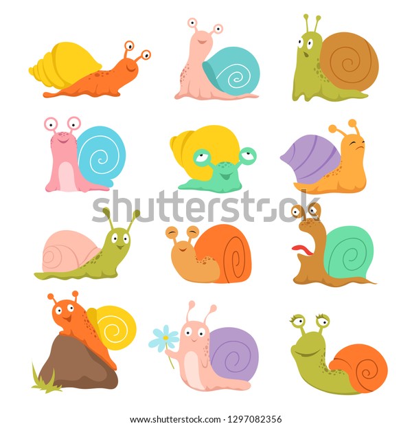 漫画のカタツムリ 可愛いナメクジ 貝殻とエスカルゴを持つ軟体動物 おかしな動物のベクター画像文字 のベクター画像素材 ロイヤリティフリー