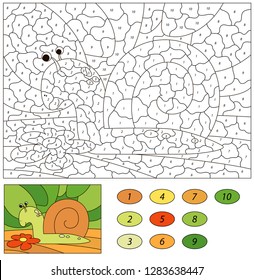Cartoon snail with a flower. Color by number educational game for kids. Illustration for schoolchild and preschool