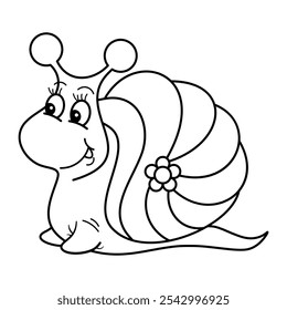 Cartoon Snail with Flower Shell. This is a black-and-white line drawing of a cute, cartoon-style snail with a cheerful expression.