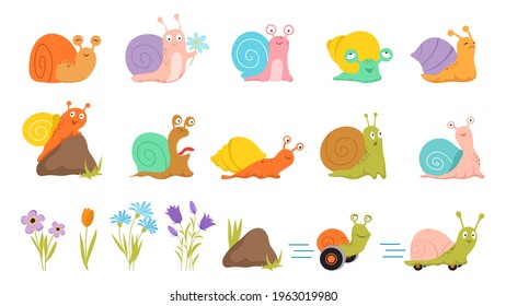 Cartoon snail and flowers. Floral insects, isolated stone grass cute snails. Summer kids wild animals, characters on skateboard or rollers vector set