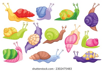 Cartoon snail. Funny smiling garden snails with color shells, happy faces and cute eyes. Gastropod vector illustration set. Colorful characters with different expressions, small insects