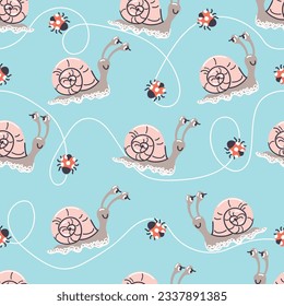 Cartoon snail and ladybug.Seamless pattern with beetle and land mollusc for kid's apparel.Children's animal background.Cute print on fabric and paper.Pink, gray and blue colors.Vector  illustration.