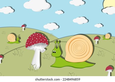 Caricatura de caracol cerca de la taburete en las verdes colinas, hierba sobre fondo azul del cielo con nubes blancas y sol. Corta la imagen de estilo de papel para los niños habitación o tienda con moluscos gastropodos.
