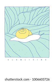 Cartoon snail on the leaves vector illustration. Hand drawn card design