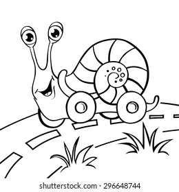 Cartoon snail on wheels. Black and white vector illustration for coloring book