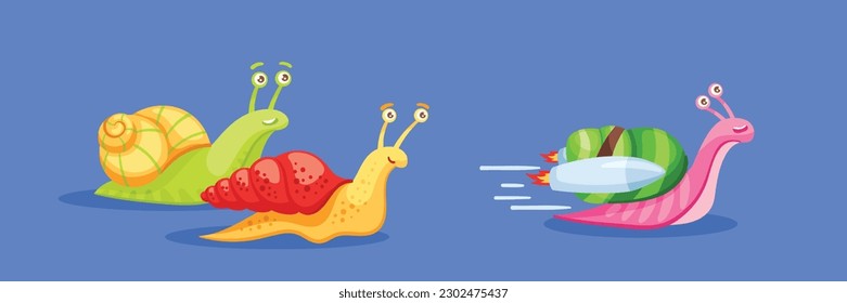 Cartoon snail race leader. Slow moving snails back turbo rocket fast accelerated happy snail. Advantage concept vector illustration. Funny gastropods with colorful shells, slimy creatures