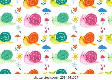 Cartoon snail seamless pattern. Doodle cute baby snail character collection. A children's illustration of a small snail. Stock vector illustration isolated on a white background.