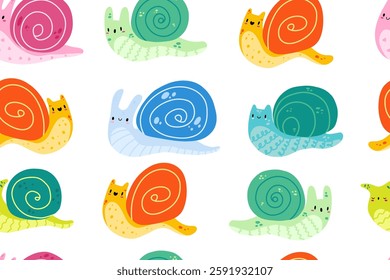 Cartoon snail seamless pattern. Doodle cute baby snail character seamless pattern. A children's illustration of a small snail. Stock vector illustration on a white background.