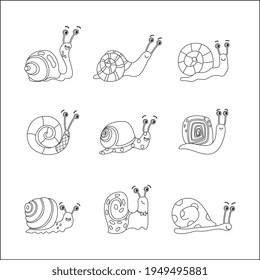 Cartoon snail set - vector illustration of cute animal outline collection