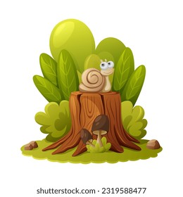 A cartoon snail sits on a stump surrounded by bushes and plants in a green forest clearing with mushrooms and stones. Children fairy tale vector illustration. Summer nature, environment.
