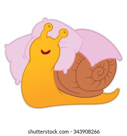 cartoon snail sleeping and basks in the soft pillows