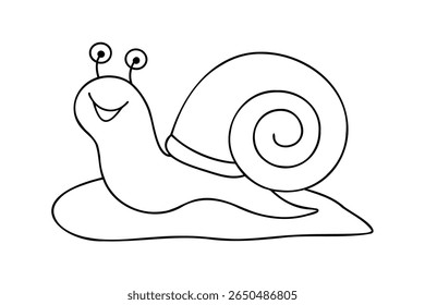 Cartoon snail with a smiling face spiral shell on a animal mollusk