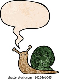 cartoon snail with speech bubble in retro texture style