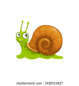 Cartoon snail vector icon, funny cochlea insect with cute smiling face and big eyes. Mascot, kids design element, wild creature crawl isolated on white background