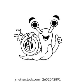 Cartoon snail with vinyl shell vector. Line art of snail listening to cute music on black and white background.