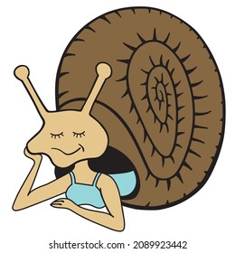 Cartoon snail with womans body lies in a brown shell. Doodle style drawing.