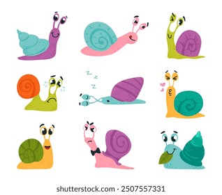 Caracoles de dibujos. Divertidas emociones de caracol diferentes. Insectos lindos con conchas de amor duermen enojados llorando y comiendo. Conjunto de Vector con clase de criaturas de jardín de bosque salvaje